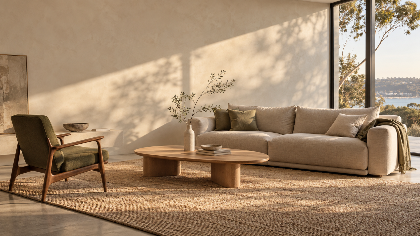 AI-generated living room with a linen sofa, olive armchair and oak coffee table