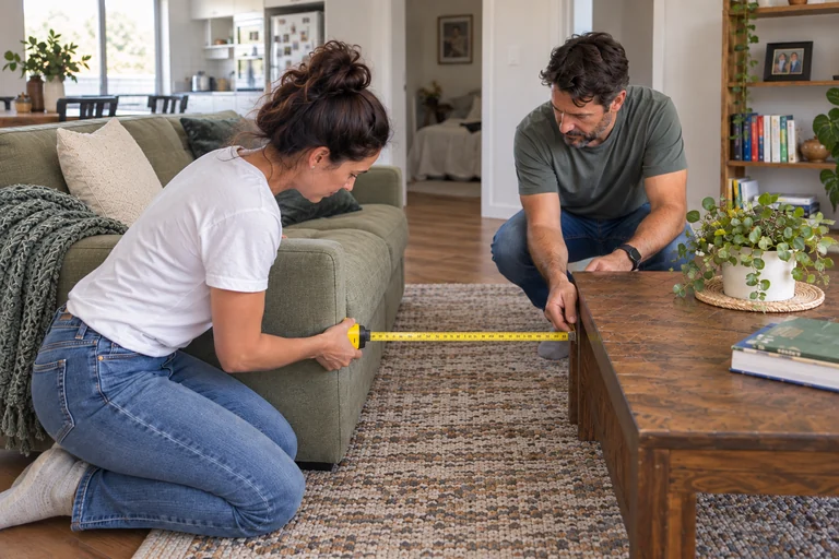 Two adults measuring the space between a sofa and coffee table in an everyday home