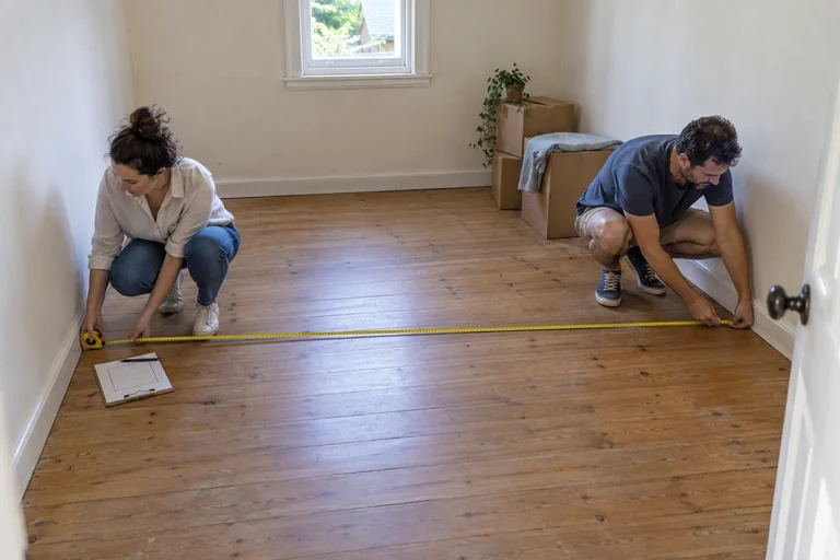 Two adults measuring a room from wall to wall with a tape measure