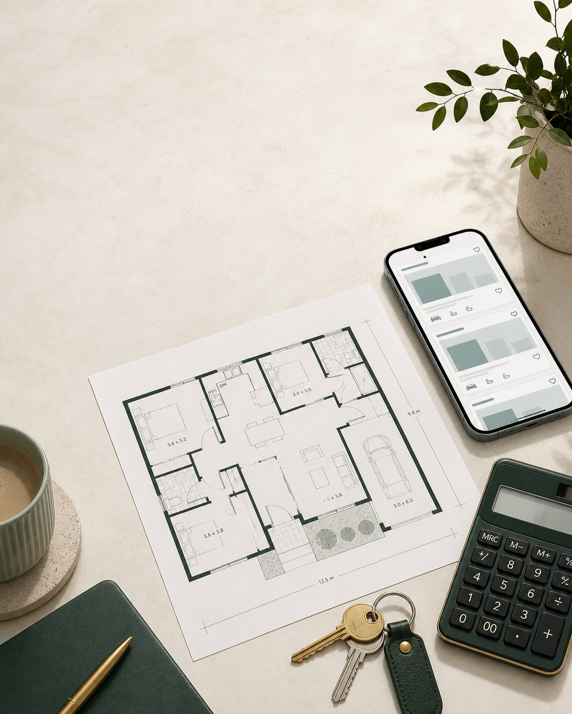 Australian property floor plan, calculator, phone and house keys arranged on a desk