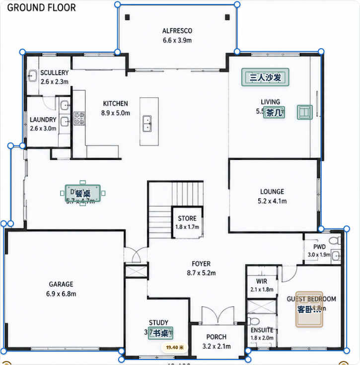 FloorSQ 面积与空间规划器在双层演示户型图的一层显示家具布局