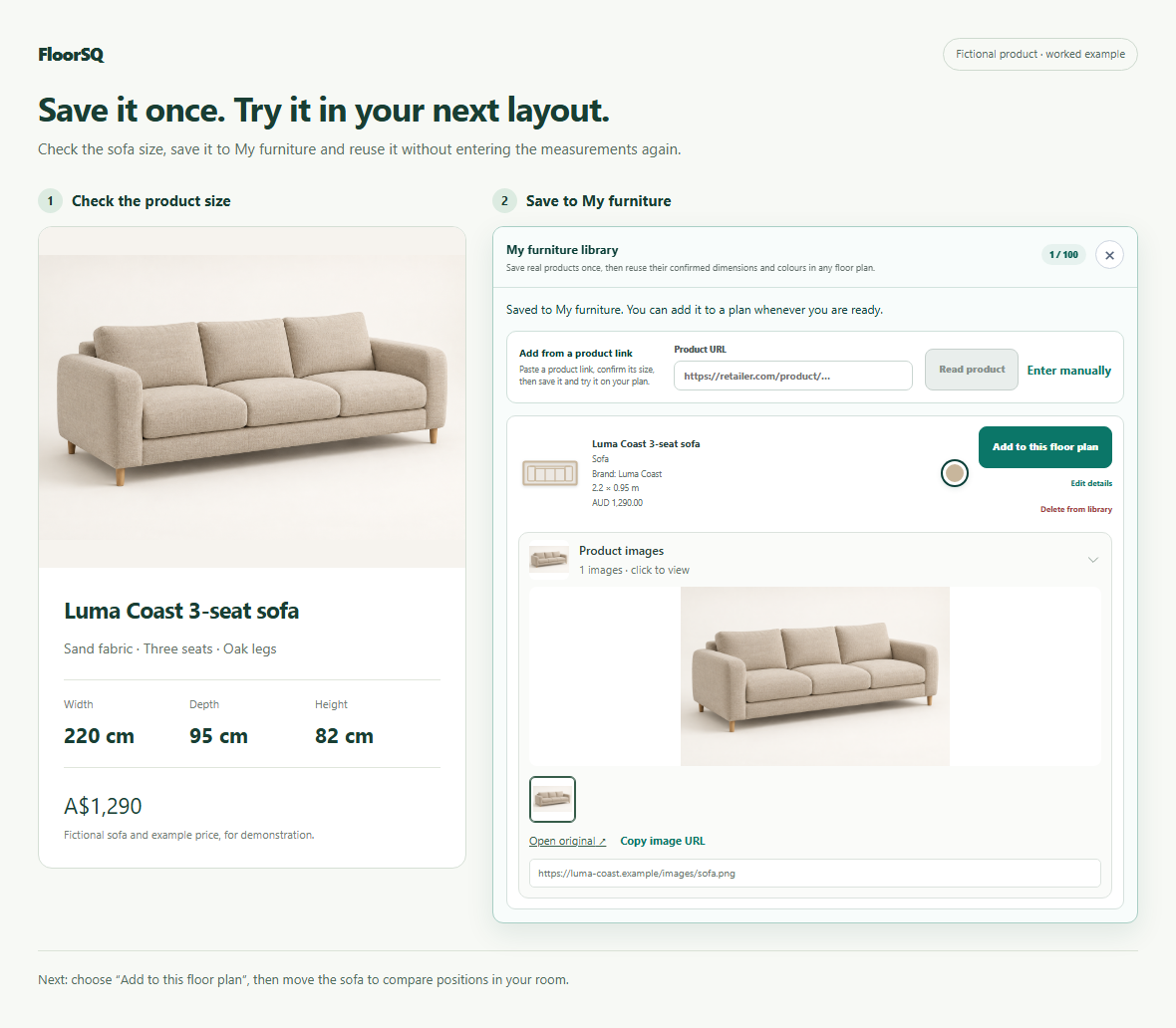 Fictional Luma Coast sofa with its photo, 220 cm width and 95 cm depth, saved in My furniture