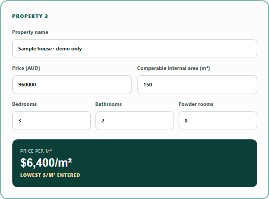 Close-up of the calculated price per square metre for an example property in FloorSQ