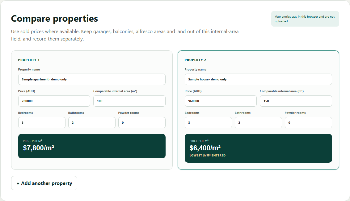 FloorSQ price per square metre calculator with two clearly named example properties and calculated results