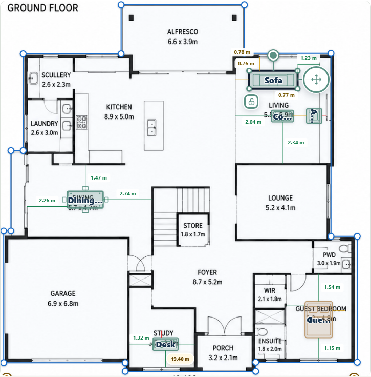 FloorSQ furniture layout with coloured clearance lines and distance labels