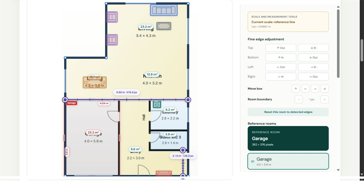 FloorSQ floor-plan example with furniture, a reference line and room-calibration controls