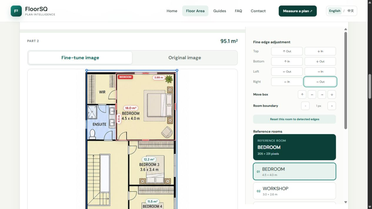 FloorSQ reference-room adjustment with the selected room and dimension controls