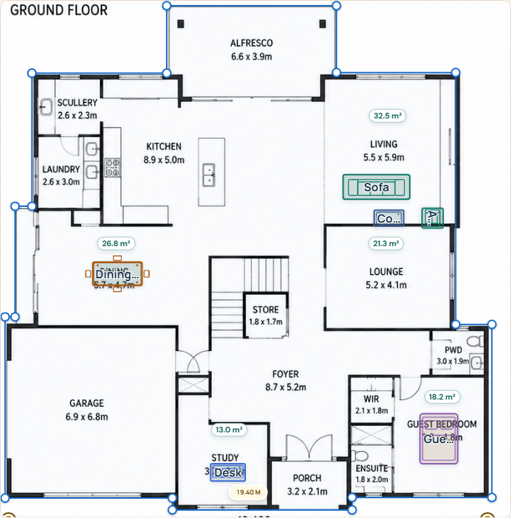 Current FloorSQ editor with library furniture, a reference line and room area labels including living room 32.5 and guest bedroom 18.2 square metres