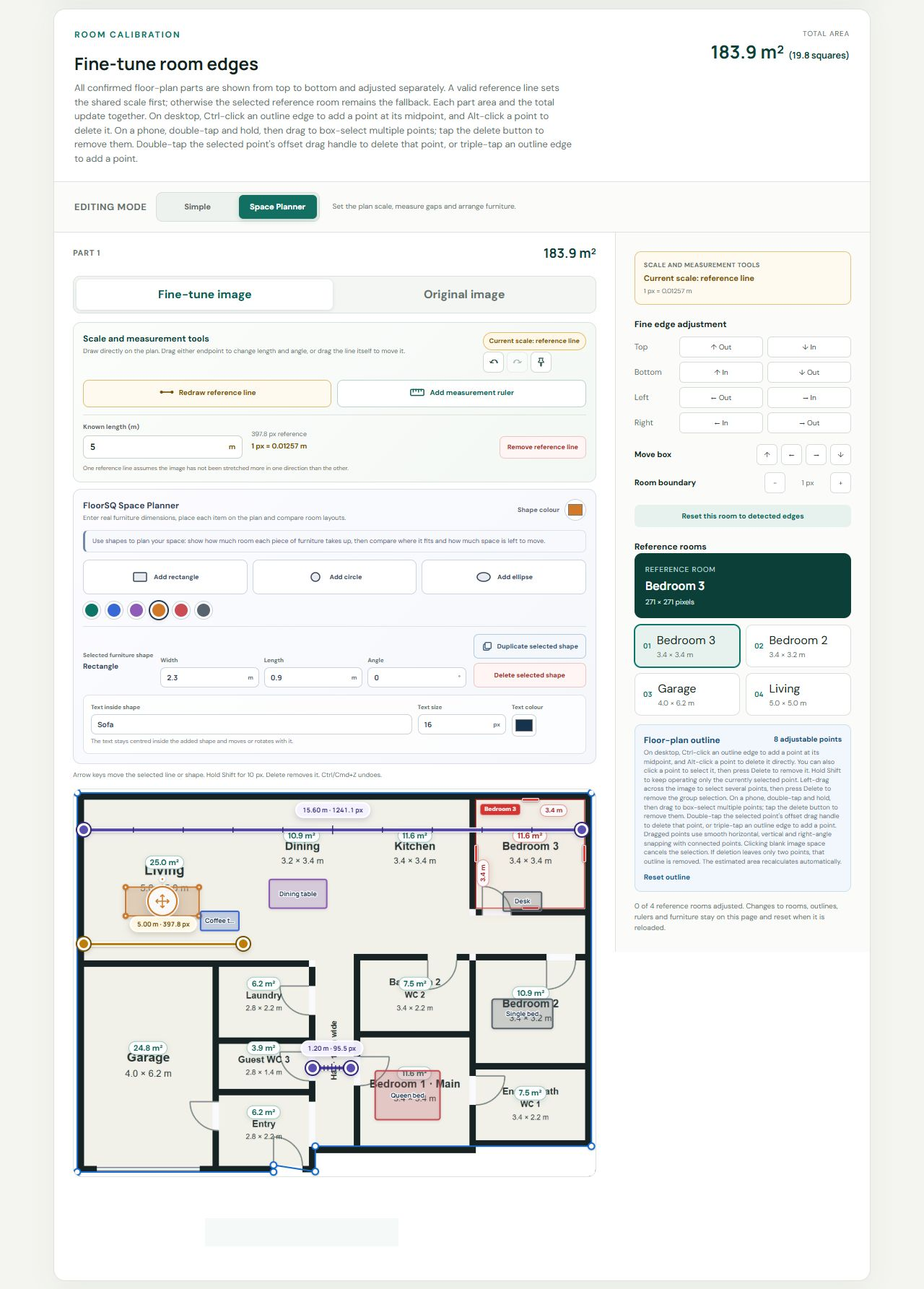 FloorSQ Advanced editor showing labelled furniture, a wall-to-wall room reference and whole-home width ruler on the multi-room plan
