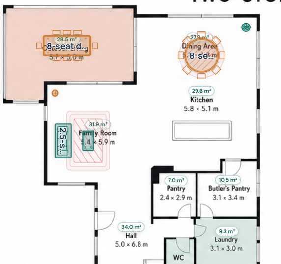 Space Planner example comparing scaled sofas and dining tables across an open-plan floor plan