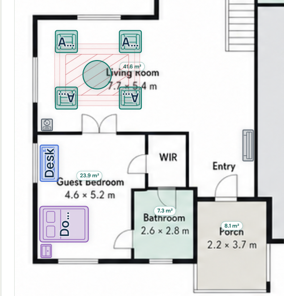 Space Planner example showing scaled furniture in a living room and guest bedroom with room areas and editing handles